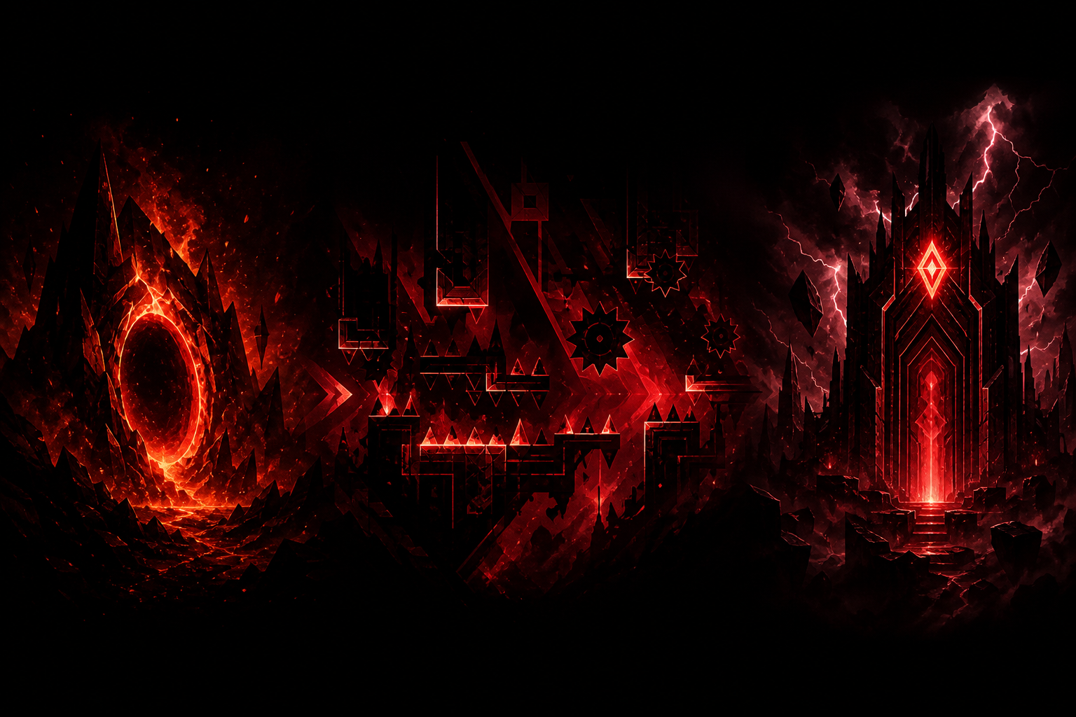 Original abstract editorial illustration showing three infernal chapters flowing into a final gate