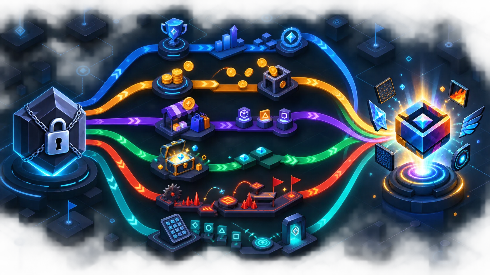 Original abstract map of achievement, currency, shop, chest, challenge, path and secret-code routes leading to customization