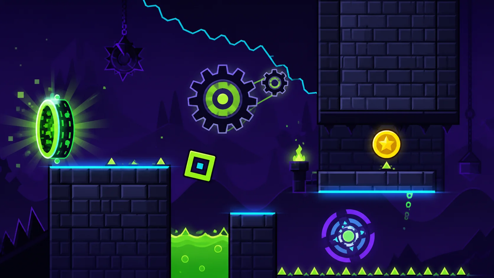 Original dark Deadlocked gameplay-section guide illustration with portal, gears and coin