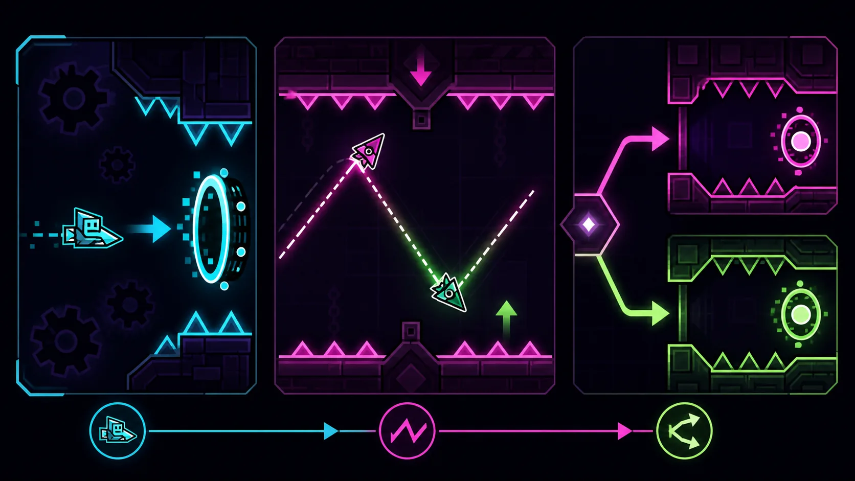 Original Deadlocked transition illustration showing portals, wave gravity and a dual path