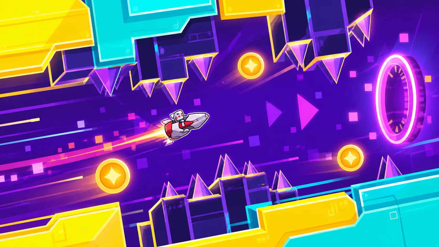 Original bright Electrodynamix speed-section guide illustration with rocket, hazards and collectibles
