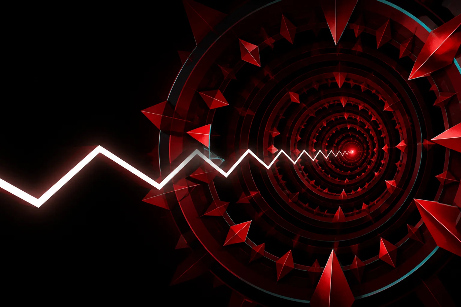 Original red and black concentric tunnel illustration with a white wave trail for the Nine Circles guide