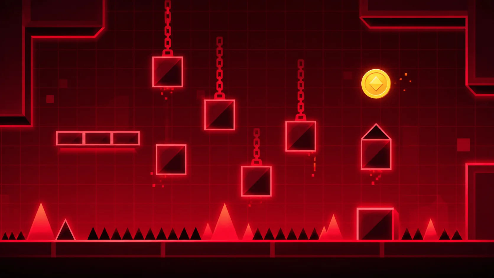 Original red Stereo Madness coin-route guide illustration with hanging blocks and a collectible