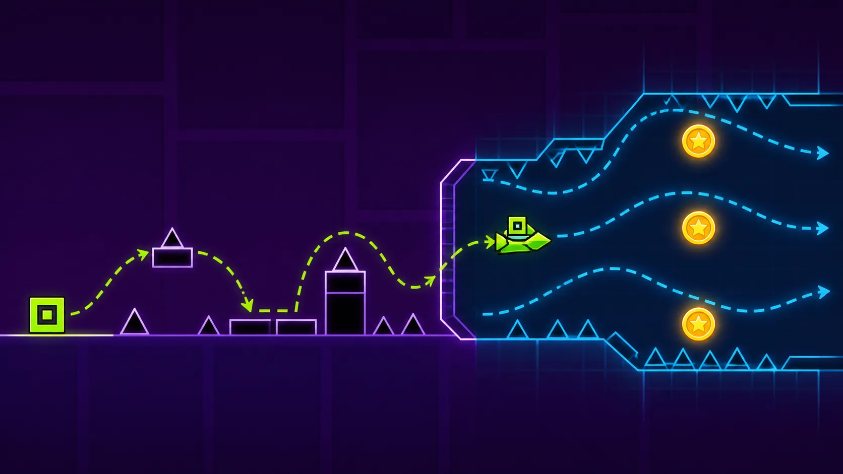 Original Stereo Madness coin route illustration with three alternate paths