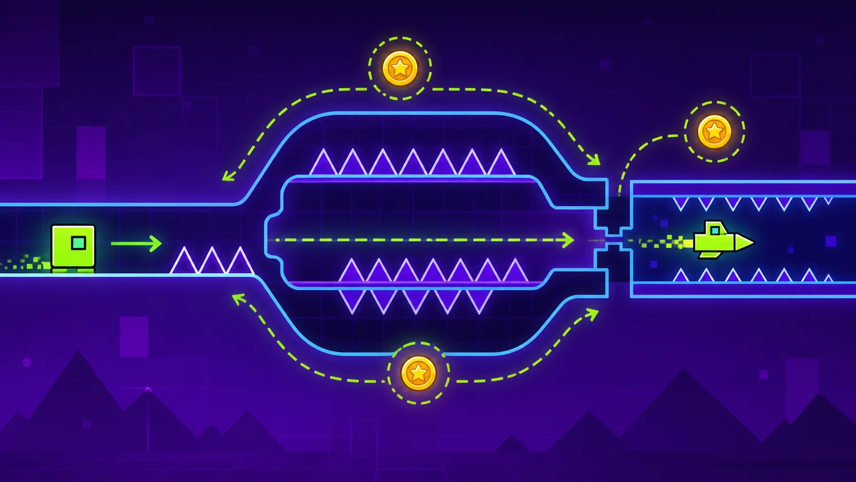 Original Stereo Madness route illustration with a cube, ship corridor and alternate coin markers