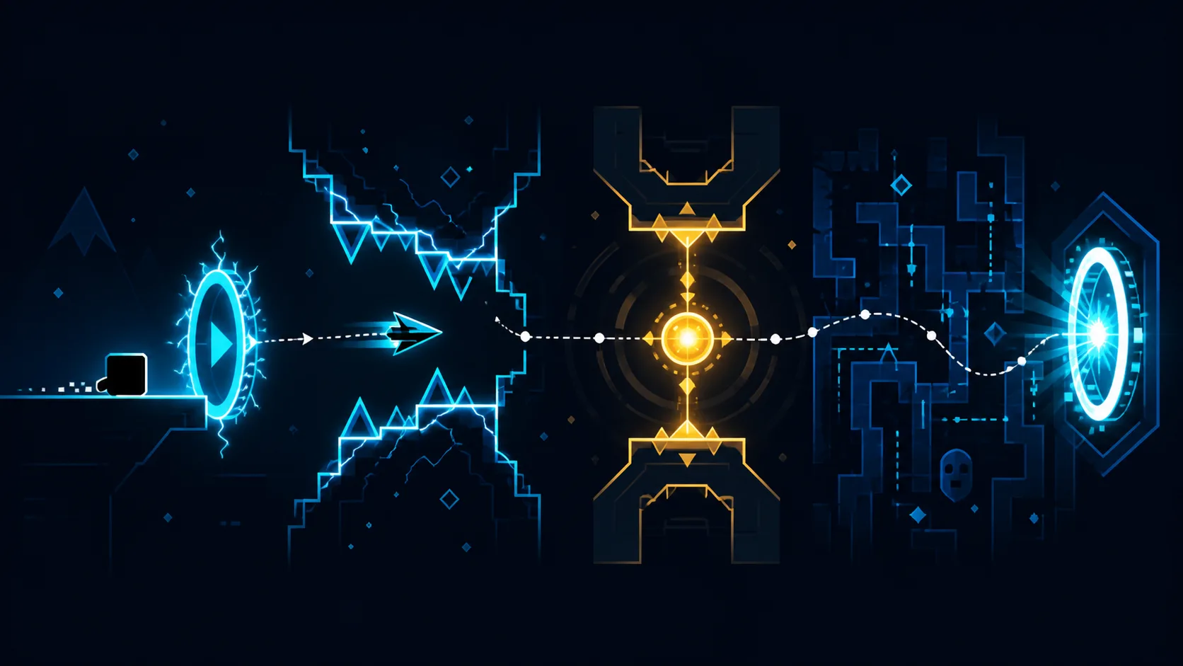 Original four-stage route-map illustration with cube, ship, orb and memory-maze cues