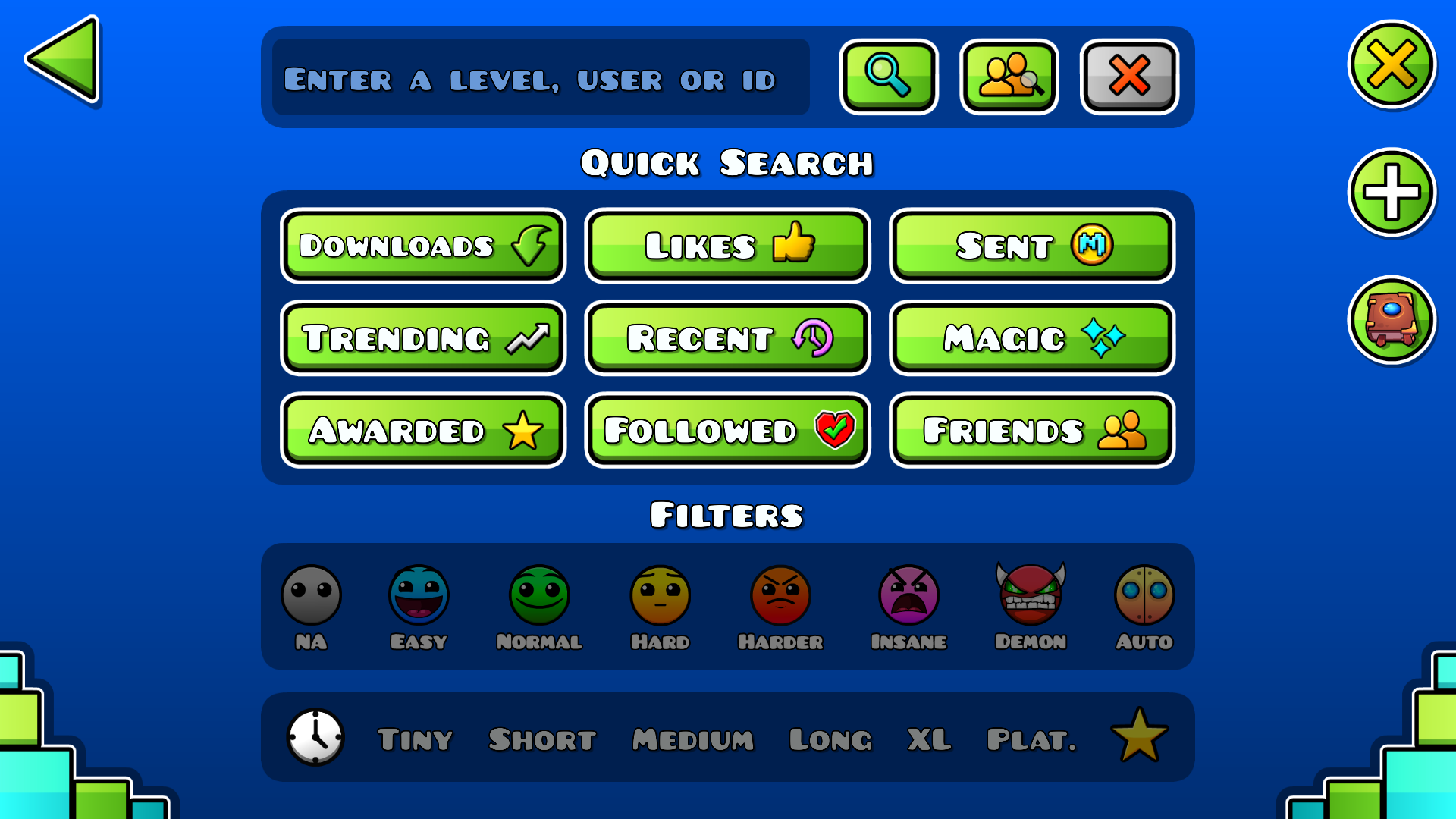 Geometry Dash level search screen with an ID field and difficulty filters