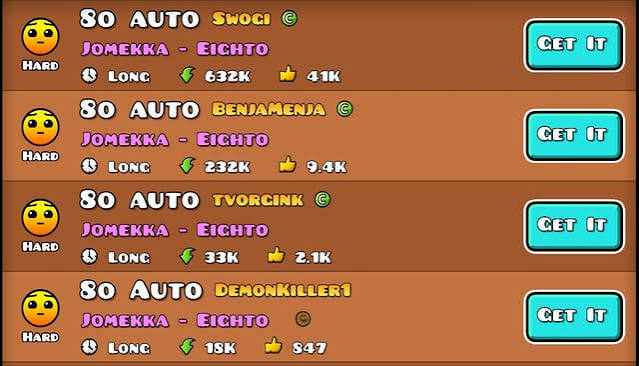 Geometry Dash search results list showing level names, creators, difficulty, and stats