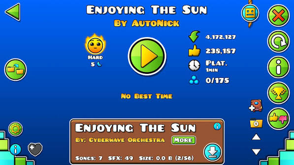 Geometry Dash level detail screen showing a level title, creator, difficulty, and stats