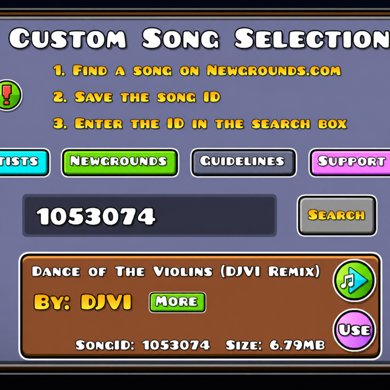 Enlarged Geometry Dash custom song result showing a song title, artist, and Song ID