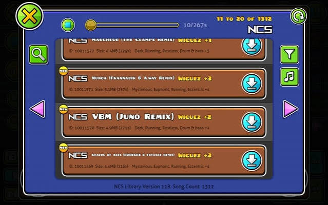 Geometry Dash NCS Library screen showing a versioned list of songs and song IDs