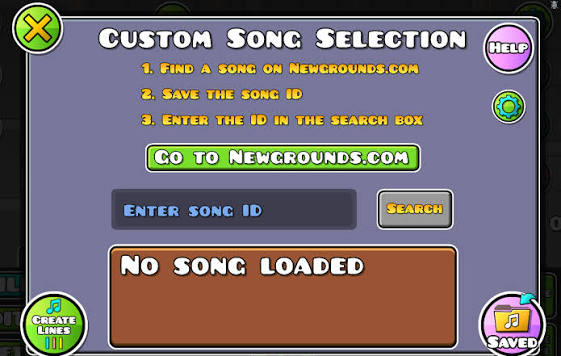 Geometry Dash custom song selection screen showing the Newgrounds song ID lookup steps